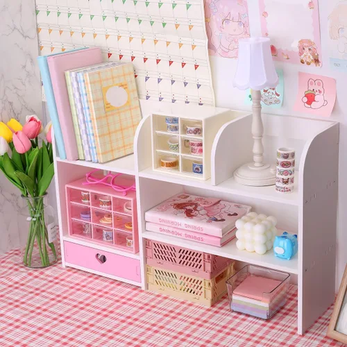Vista 5 de Lindas estanterías para escritorio, organizador de escritorio Kawaii con cajón, organizadores de escritorio de oficina y accesorios, almacenamiento