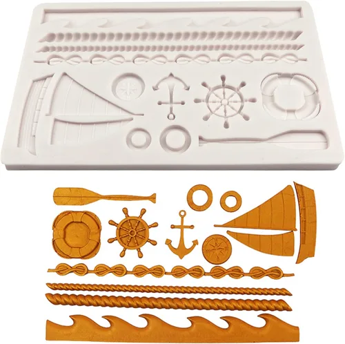 Vista 7 de Moldes de silicona para veleros, timón con temática pirata, molde de fondant, cuerda, cadena, molde para decoración de tartas, dulces, azúcar