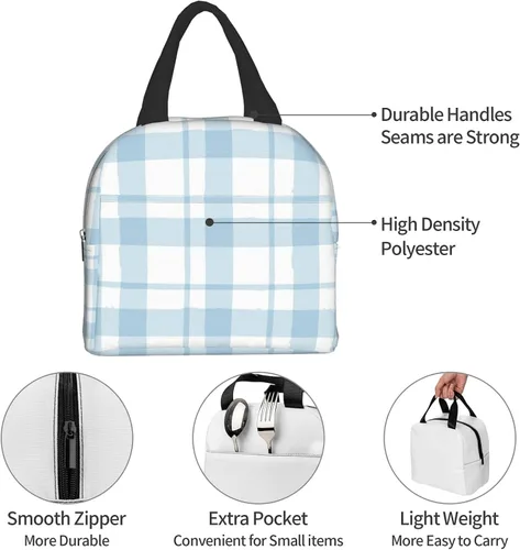 Vista 5 de Lonchera con diseño a cuadros azules aislada, bolsa térmica para almuerzo para adultos, niños, niñas, mujeres, oficina, trabajo, escuela, picnic