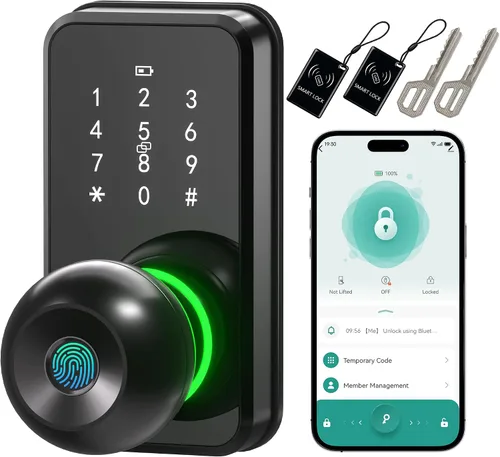 Vista 10 de Cerradura inteligente para puerta de entrada sin llave con perilla, cerradura de puerta con teclado y huella dactilar con mango, código electrónico