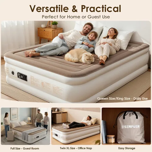 Vista 7 de Colchón de aire Queen con bomba incorporada, colchón inflable Beige Camel