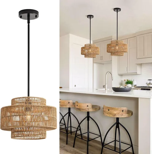 Vista 14 de 12.4” Candelabro de ratán boho, 1 luz, lámpara colgante tejida a mano, lámpara colgante rústica de estilo granja para isla de cocina, recámara