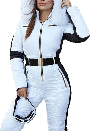 Vista 3 de Trajes de nieve para mujer, trajes de esquí para deportes al aire libre, overol impermeable con cremallera, abrigo para mujer (A-Blanco, M)