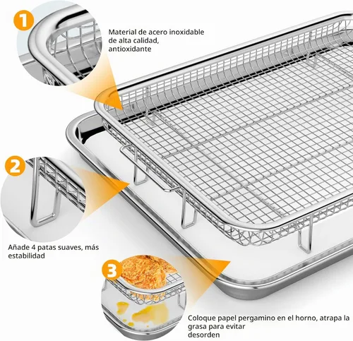Vista 3 de Cesta de freidora de aire para horno, 2 juegos de bandeja y sartén de freidora de aire con 60 piezas de papel pergamino, sartén de freidora de aire