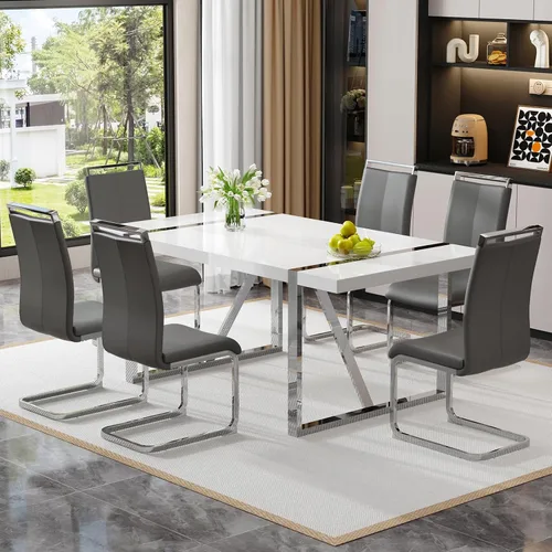 Vista 36 de Mesa de comedor Ebullient para 4, mesa de comedor rectangular negra de MDF, tapa de mesa de cena de mármol falso, mesa de comedor moderna con marco