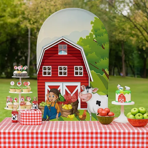 Vista 7 de HUAYI Cubierta de fondo de arco de granjero rojo de dibujos animados para fiestas de granja para niños, decoraciones de fondo de Chiara, cubiertas