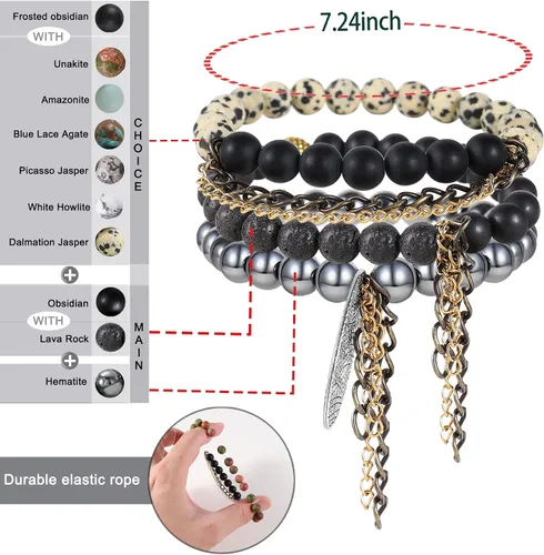 Vista 4 de Pulseras de piedra de lava natural de 0.315in para hombres, difusor de aceites esenciales de cristal curativo, pulsera de chakras, yoga, energía