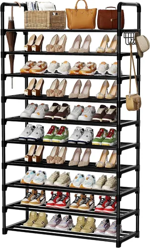 Vista 7 de Zapatero, organizador de almacenamiento de zapatos de 10 niveles, para 30 a 35 pares de zapatos, estante alto de metal para zapatos, entrada