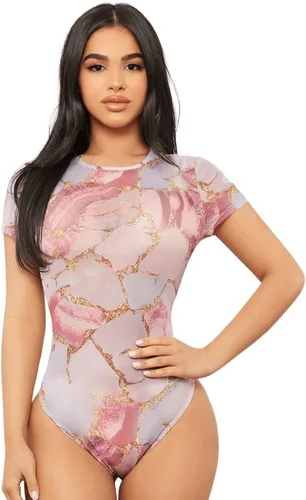Vista 5 de SweatyRocks Camiseta de manga corta con cuello redondo y malla transparente para mujer