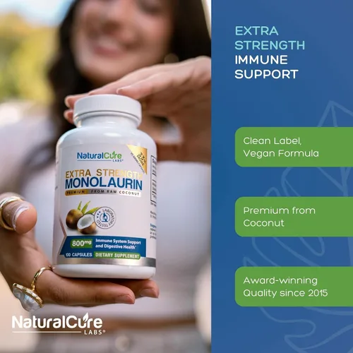 Vista 4 de Natural Cure Labs Monolaurina extra fuerte 800mg, 100 cápsulas, 33% más