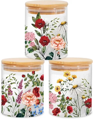Vista 9 de JarThenaAMCS 3 Frascos de Almacenamiento de Vidrio Floral de Primavera con Tapa Hermética Tulipán Flor Gnomo Camión Mariposa Juegos de Recipientes