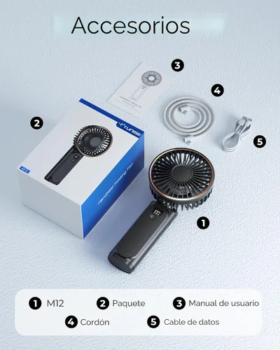 Vista 8 de TUNISE Ventilador de Mano Portátil Recargable, Ventilador Portátil de 4000mAh, Ajustable 180°, 6 Velocidades de Viento, Pantalla de Electricidad