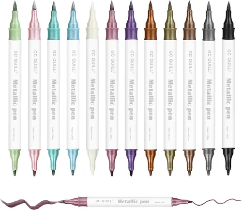 Vista 8 de Rotuladores metálicos de 12 colores – Brocha de doble punta y bolígrafos de punta fina para álbum de bricolaje, tarjetas negras, álbumes