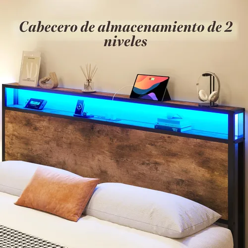 Vista 5 de Lifezone Base de cama Queen con cabecera de almacenamiento de 2 niveles, base de cama de plataforma de metal con 4 cajones de almacenamiento, Marrón