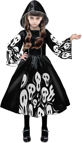 Vista 4 de Camlinbo Halloween Witch Costume for Girls Witch Dress Black Hooded Halloween Dress Up Party Costume for Girls 4-14 Years