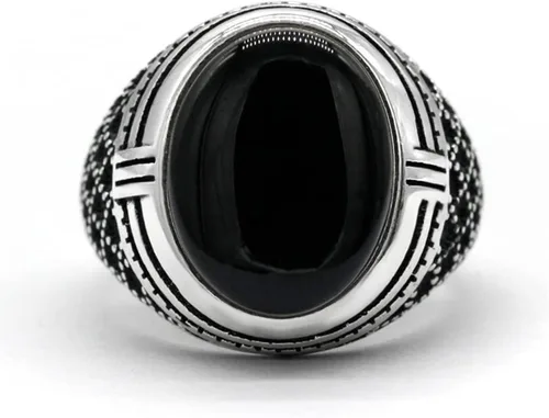 Vista 5 de SKOOMEN Anillo de plata de ónix negro para hombre, anillo ovalado grande con caja de joyería, joyería fina para hombre con piedras preciosas