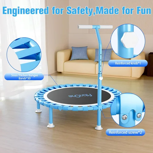 Vista 4 de 40" Fitness Mini Trampoline with Adjustable Handle Bar, 330lbs Foldable Bungee Rebounder for Adults, Stable & Quiet Exercise Rebounder Indoor Workout