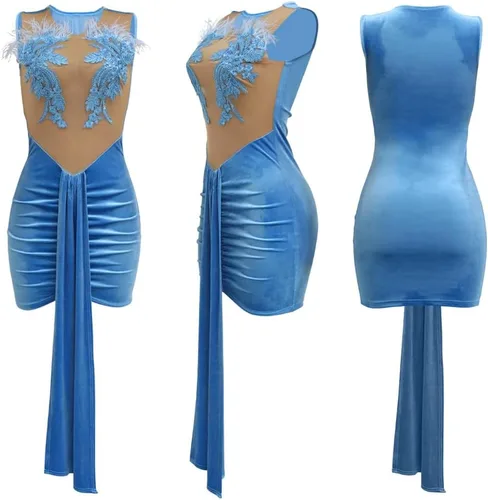 Vista 4 de Vestido ajustado elegante de lentejuelas para mujer, vestido de malla transparente, ajustado, mini vestido de tubo de cóctel, noche de club