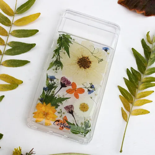 Vista 5 de Unique Real Pressed flower foral Clear Soft Phone cases cover With Bumper for Google Pixel 6 with large Flower Design Fit (Pixel 6)