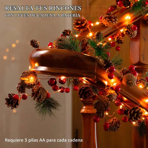 Vista 9 de Guirnalda de Navidad con luces, 6.7 pies, 20 luces LED de piña, funciona con pilas, guirnalda de Navidad con bayas rojas, guirnalda de luces