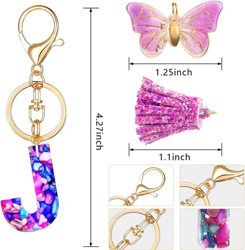 Vista 3 de LAXPICOL Llavero púrpura de la A a la Z para mujer, monedero, bolsos, resina, alfabeto inicial, letra colgante con borla, bola de cristal