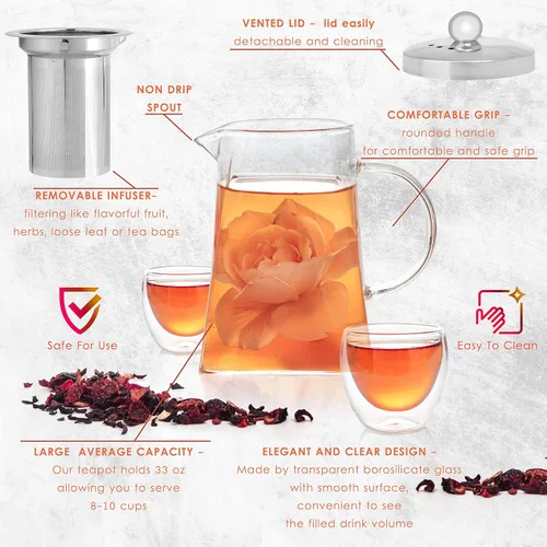 Vista 3 de Mixpresso Juego de 5 teteras de vidrio, tetera con infusor extraíble, tetera de vidrio transparente de 33 onzas con 4 tazas de pared doble de 2.7