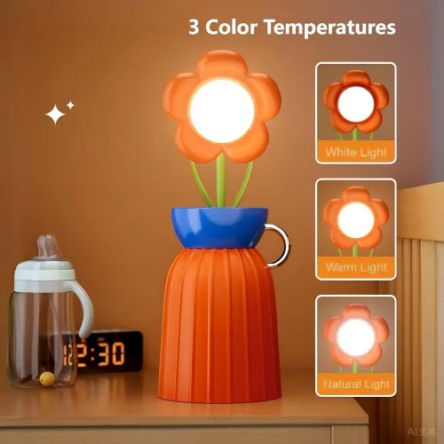 Vista 4 de Lámpara de escritorio de flores de rosas, atenuación infinita, temperatura tricromática, recargable, memoria de brillo, adornos decorativos