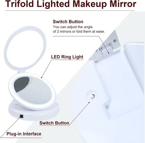 Vista 3 de Espejo de maquillaje iluminado con aumento, espejo de tocador triple con luces LED, funciona con pilas o enchufe USB, aumento 5X, portátil