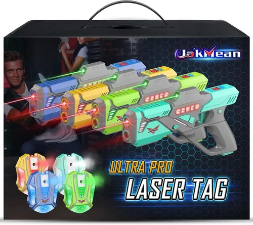 Vista 7 de Set de pistolas láser recargable con chalecos, set mejorado de 4 pistolas láser con efecto de spray de niebla y LED digital, juguete multijugador