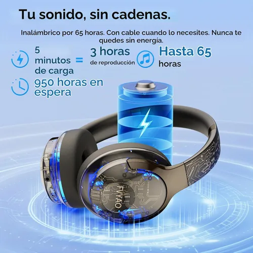 Vista 3 de BUGANI Auriculares Bluetooth sobre la oreja con luz RGB Negro-FH01