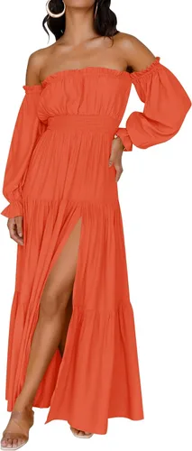 Vista 18 de ZESICA - Vestido largo, bohemio y sexy, con hombros descubiertos y manga larga fruncida, con elástico fruncido, cintura alta y abertura lateral