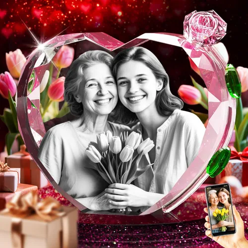 Vista 11 de 3D Crystal Photo with Red Crystal Rose, Personalized Mothers Day Gifts for Mom, Wife, Women, Her, Girlfriend, Couple, Customized Glass Photo