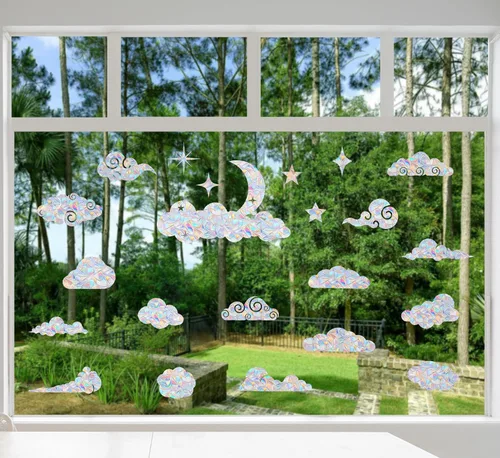 Vista 4 de AREWA - Adhesivos para ventana de arco iris, 17 calcomanías de vinilo no adhesivas, superficie de vidrio recomendada, disuasorio de golpe de pájaro