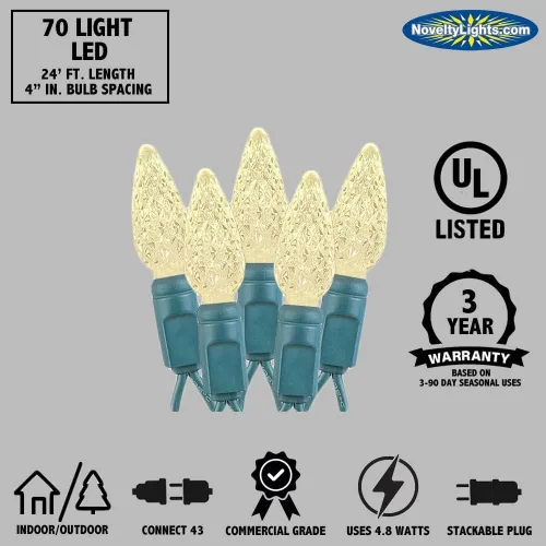 Vista 5 de Novelty Lights - Mini juego de 70 luces C6 LED de Navidad, serie de luces de grado comercial para exteriores, cable verde, 24 pies