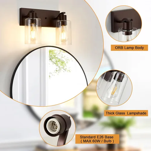 Vista 4 de 2 Luces de Iluminación para Baño, Accesorios de Iluminación de Tocador en Bronce Cepillado con Soporte de Vidrio Transparente de 33cm, Lámparas