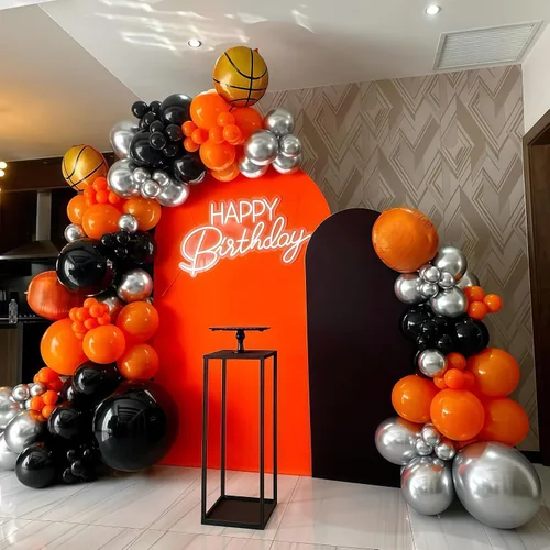 Vista 5 de Kit de arco de globos de baloncesto, kit de guirnalda de globos naranja y negro plateado con globos de estrella en explosión, kit de globos