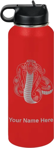 Vista 8 de LaserGram Botella de agua personalizada, serpiente de cobra, acero inoxidable de doble pared aislada al vacío con popote superior, regalo grabado