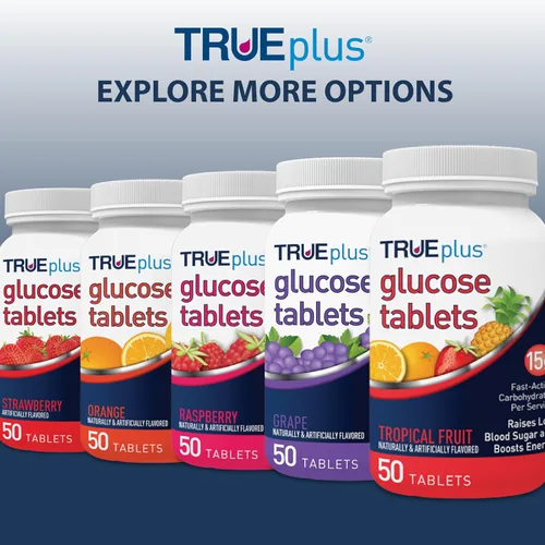 Vista 6 de TRUEplus® Tabletas de glucosa, sabor surtido (uva, frambuesa, naranja), botella de 50 unidades (1)