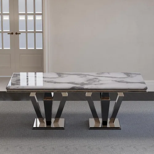 Vista 3 de ACEDÉCOR Juego de mesa de comedor para 4, mesa de comedor rectangular de 78 pulgadas con parte superior texturizada gris y base geométrica plateada