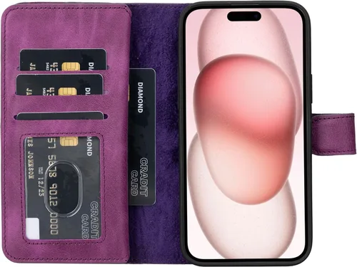 Vista 50 de HARDISTON Funda de piel auténtica de alta calidad hecha a mano para iPhone 7/8 / SE doble folio tarjetero - Funda magnética desmontable - Soporte