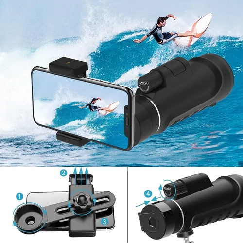 Vista 4 de Telescopio monocular de 16 x 52 pulgadas, telescopio monocular de alta potencia con trípode para teléfono inteligente, bolsa portátil, ideal