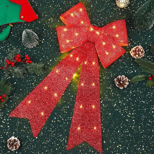 Vista 5 de 2 Piezas Lazos LED para Coronar Árbol de Navidad - 24"x12" Decoraciones Navideñas Grandes Preiluminadas Con Luces - Funciona con Pilas para Corona