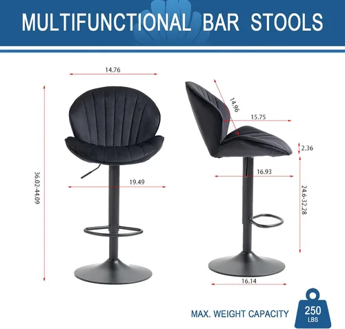 Vista 2 de Juego de 2 taburetes de bar, taburetes de bar ajustables con respaldo y reposapiés, taburetes de bar ajustables de terciopelo de diseño moderno