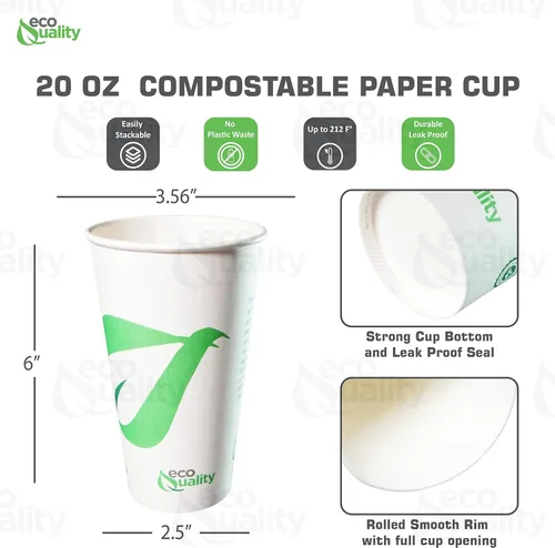 Vista 3 de Vasos de papel compostables de 20 onzas – Tazas de café de papel blanco biodegradables desechables con forro de ácido poliláctico – Copas ecológicas