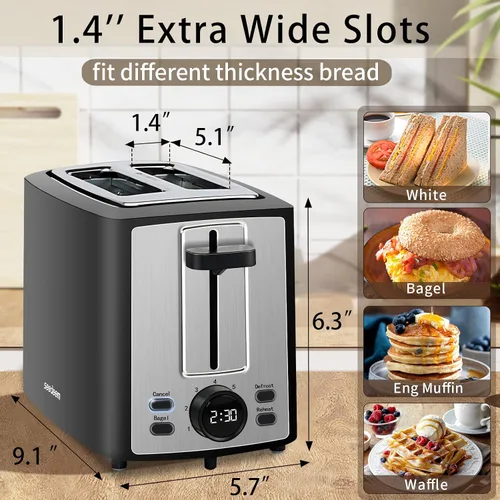 Vista 2 de SEEDEEM Tostadora de 2 rebanadas, tostadora de pan con pantalla LCD, 7 ajustes de sombra, tostadora de ranuras extra anchas de 1.4 pulgadas