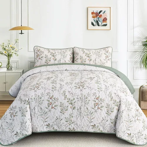 Vista 17 de Anibedding Juego de edredón botánico tamaño Full, 3 piezas reversible, elegante patrón de hojas azules, cubrecama colcha de microfibra suave