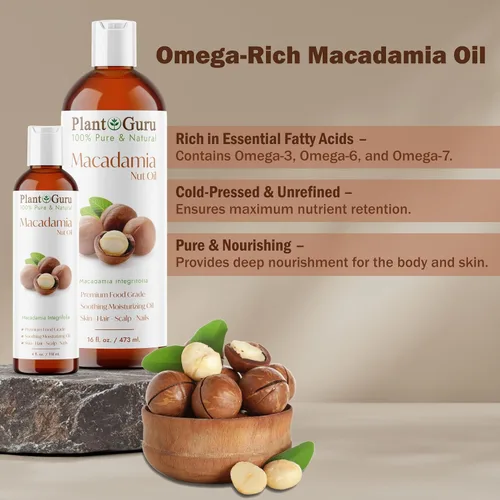 Vista 3 de Plant Guru Aceite de nuez de macadamia, 16 onzas líquidas, prensado en frío, 100% puro, natural, hidratante para piel, cara, cuerpo y cabello. Ideal