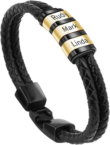 Vista 64 de Pulseras de cuero personalizadas para hombre con 1-6 nombres, pulsera trenzada personalizada con cuentas para papá, marido, día del padre, San