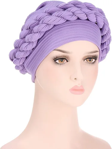 Vista 2 de Diadema elástica africana clásica de turbante trenzado trenzado suave preatada para la cabeza, Púrpura