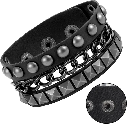 Vista 3 de Grevosea Pulsera de remache, pulsera punk de cuero con colgante de corazón multicapa, brazalete negro ajustable con remaches para deportes de roca